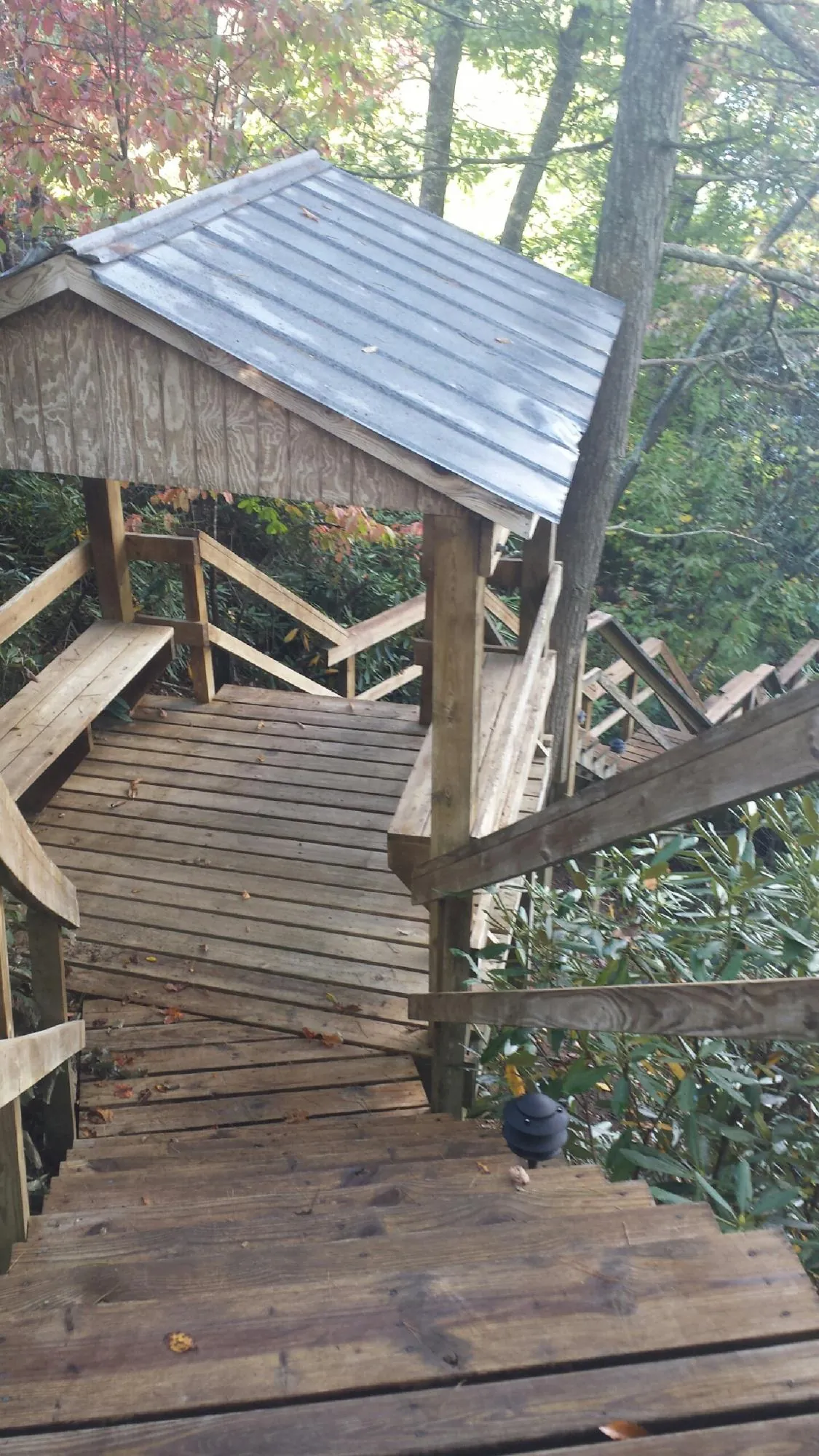 Metal roofed shelter over wooden steps on a wooded walkway — Skylight Repair & Installation work by our crew in Polk